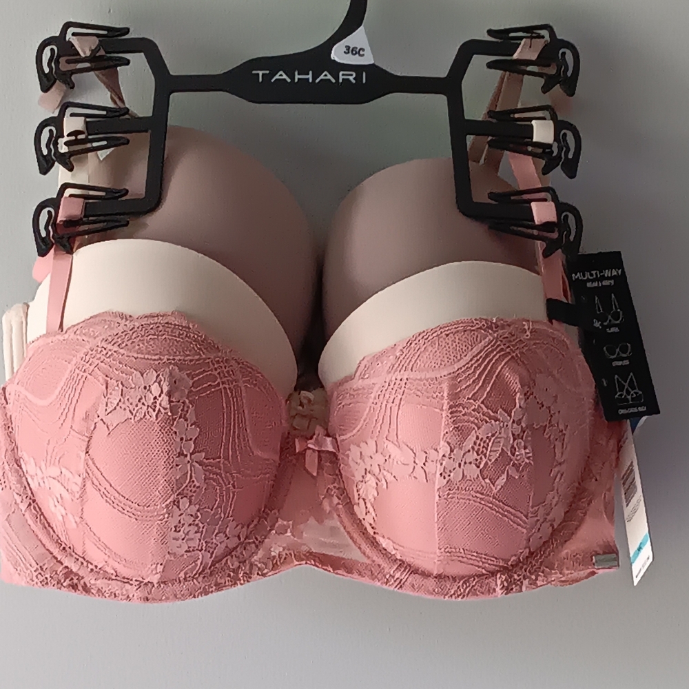 New Tahari Wear 6 Ways 3 Pack Bras Bridal Rose Pink Lace Ivory Beige Size 36C